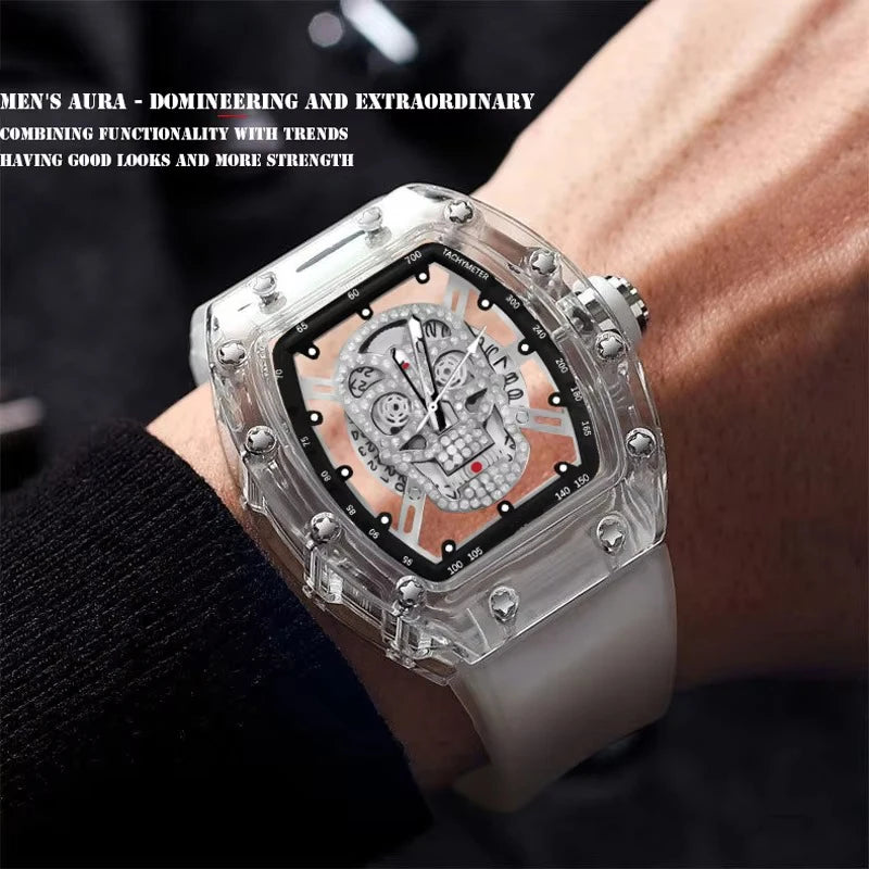 UTHAI Watch For Men High Beauty Trendy Sports Hollow Transparent Ghost Head Waterproof Wine Bucket Male Clock Watches L122