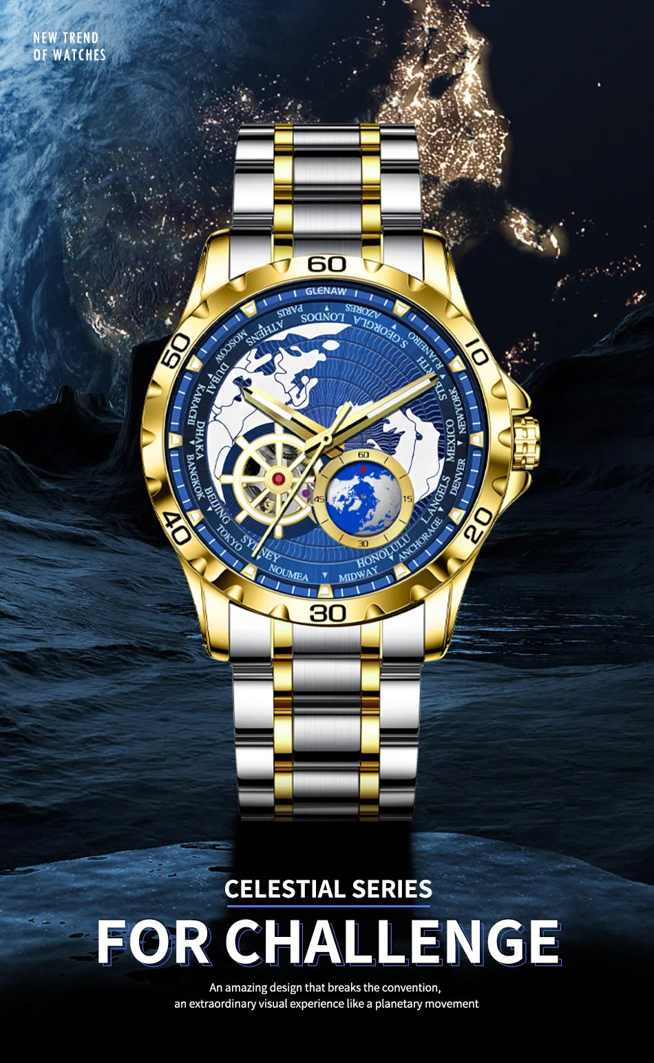 GLENAW 2025 New Earth Series Mechanical Watch Men Rotating Earth Dial Night Light Waterproof Top Luxury Design Mechanical Watch