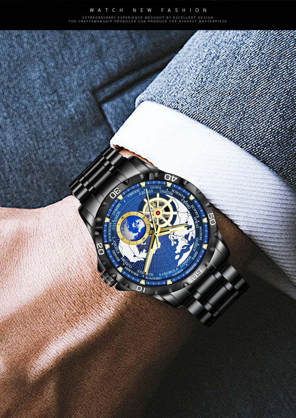 GLENAW 2025 New Earth Series Mechanical Watch Men Rotating Earth Dial Night Light Waterproof Top Luxury Design Mechanical Watch