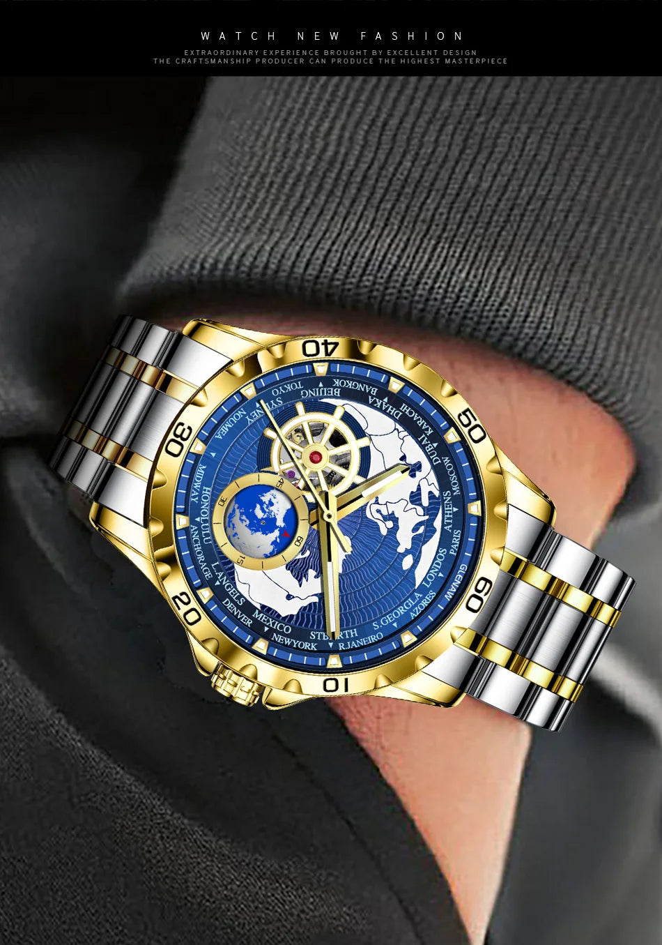 GLENAW 2025 New Earth Series Mechanical Watch Men Rotating Earth Dial Night Light Waterproof Top Luxury Design Mechanical Watch