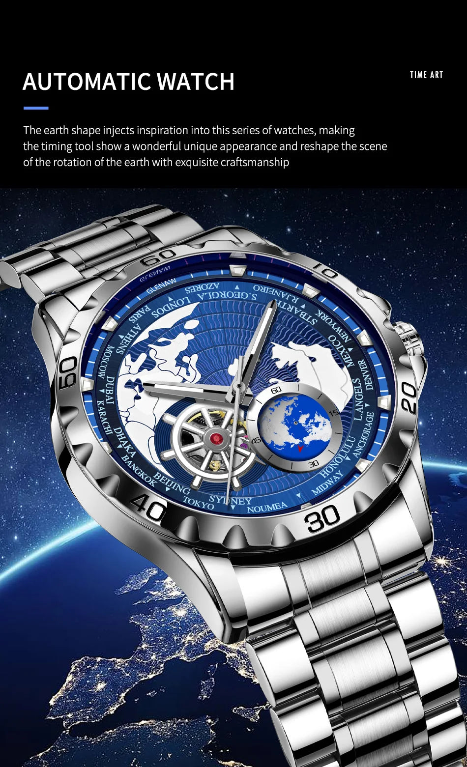 GLENAW 2025 New Earth Series Mechanical Watch Men Rotating Earth Dial Night Light Waterproof Top Luxury Design Mechanical Watch