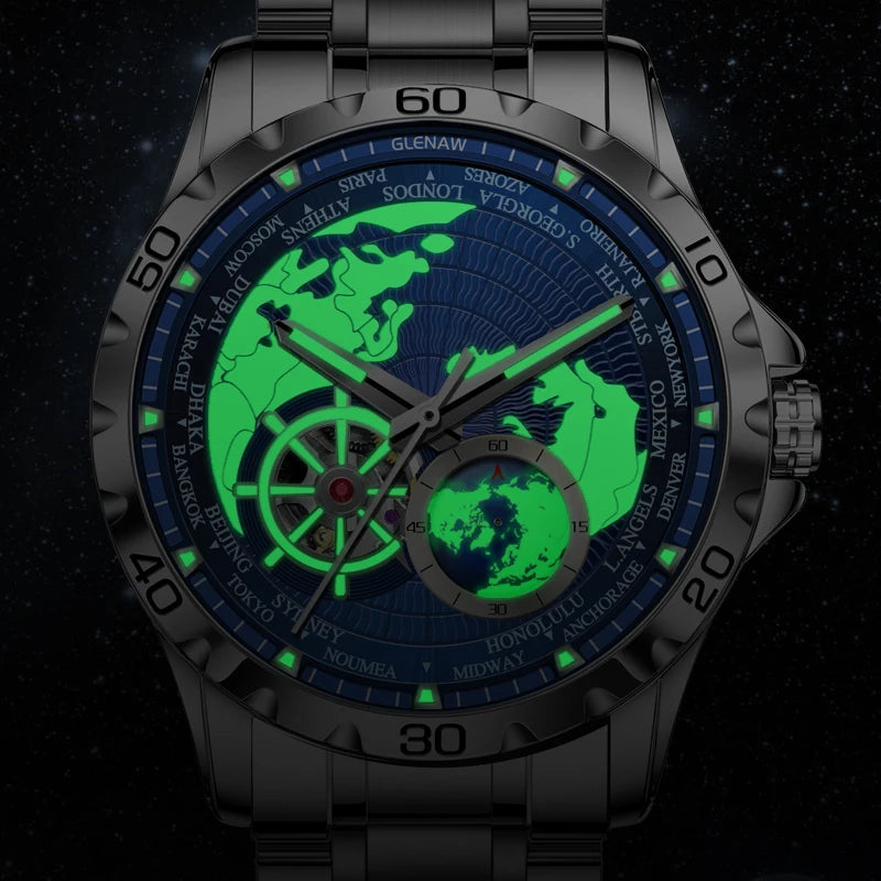 GLENAW 2025 New Earth Series Mechanical Watch Men Rotating Earth Dial Night Light Waterproof Top Luxury Design Mechanical Watch